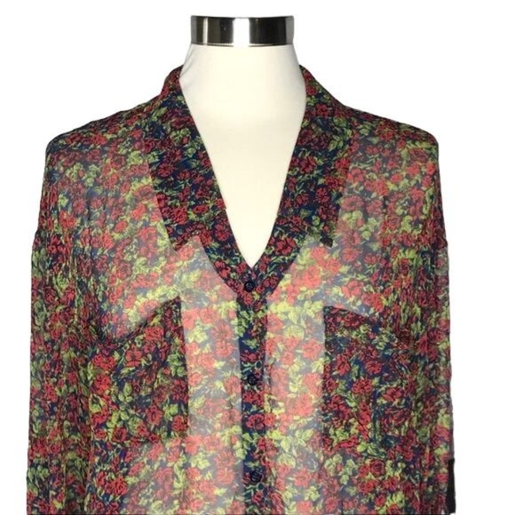 Free People S sheer floral button up red green - Picture 2 of 8
